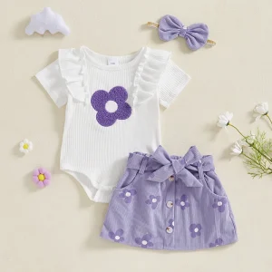 Adorable Baby Girl Floral Print Romper with Matching Skirt and Headband Set